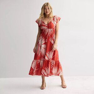 Women's Nine West Flutter Sleeve Maxi Dress Color: Clay Tropical Palm Size: XL